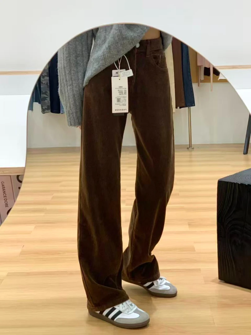 美拉德咖色灯芯绒直筒裤女秋冬加绒大码胖mm宽松显瘦休闲阔腿裤子