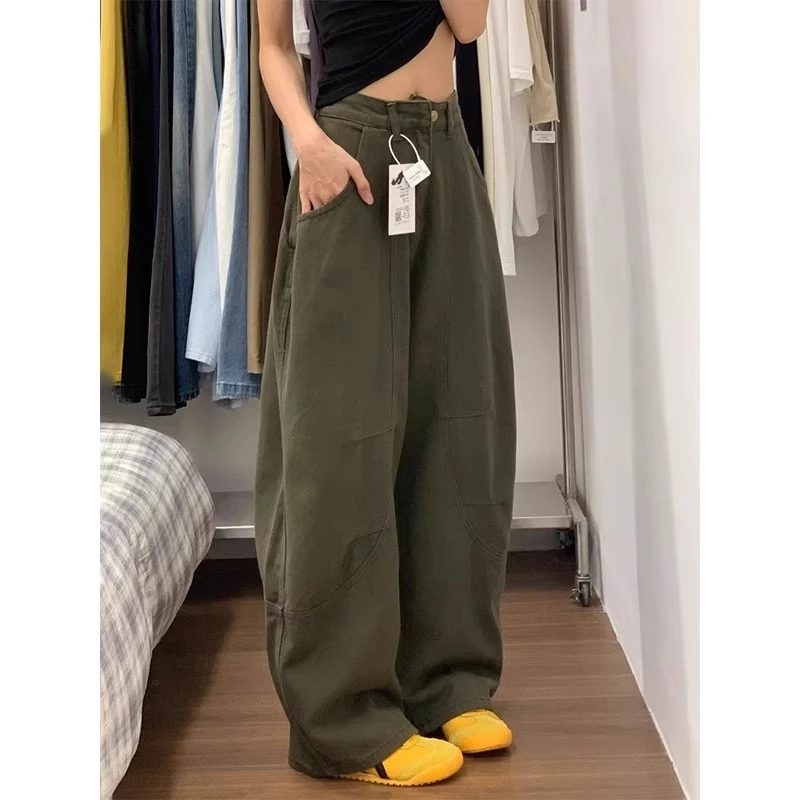 美式复古军绿色弯刀牛仔裤女夏季设计感宽松显瘦高腰工装阔腿裤子