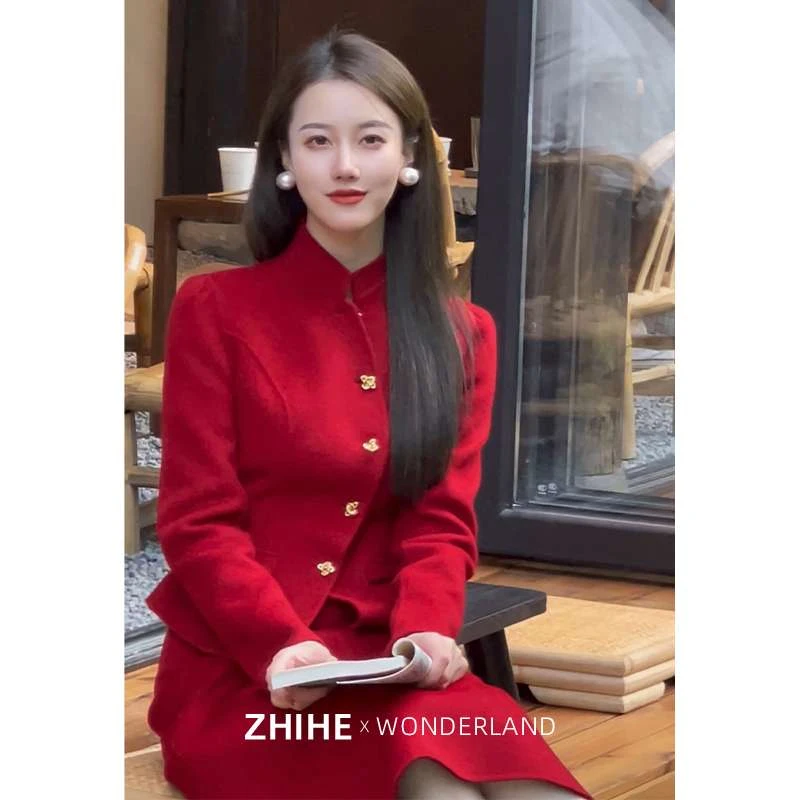 无艳一禾倾城红色敬酒服订婚穿搭双面羊毛毛呢小香风套装裙女