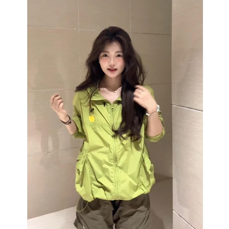 美式复古绿色连帽户外防晒衣女夏季防紫外线百搭透气防晒服外套潮