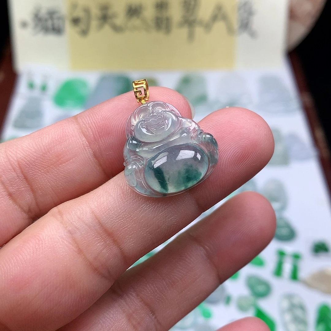 翡翠散珠18K金镶嵌缅甸天然A货翡翠冰种佛公