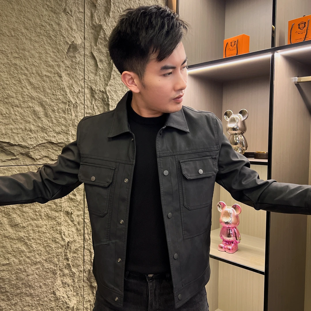 2025黑色男士皮衣修身短款皮夹克休闲秋季薄外套翻领商务外套-821