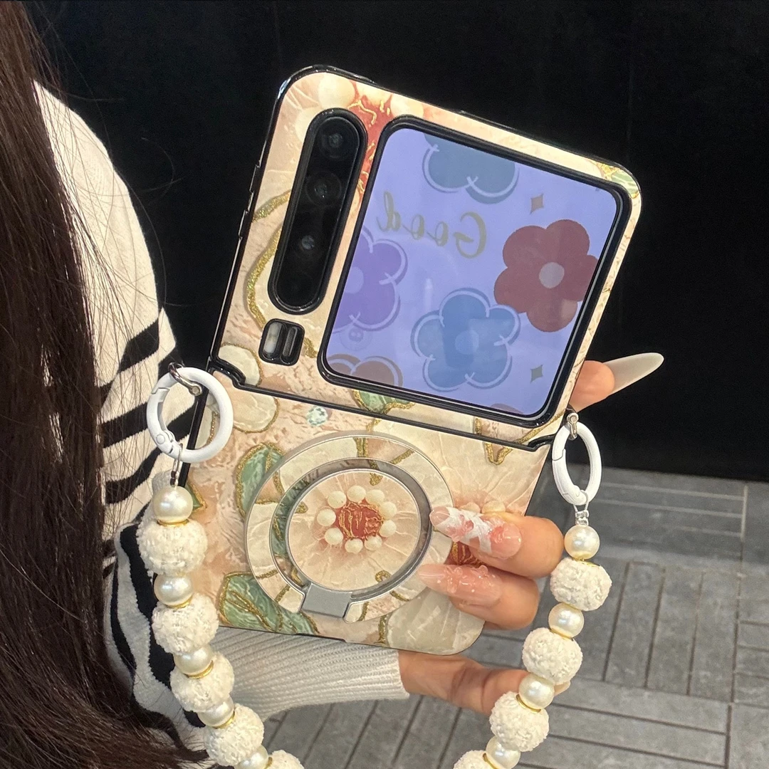 适用华为purax折叠屏手机壳皮质油画pocket2烫金花朵折叠磁吸支架