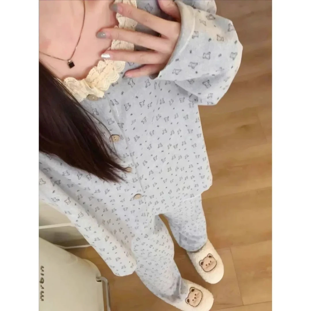 灰色蕾丝长袖长裤睡衣秋冬季女德绒小熊小众家居服两件套可外穿