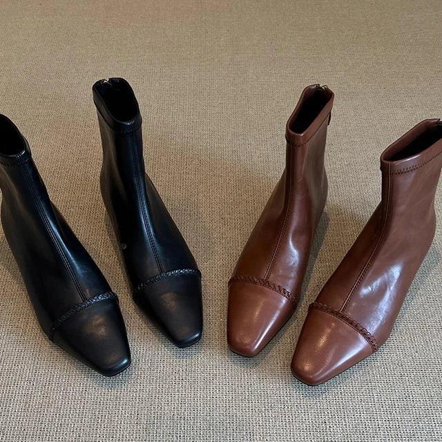 真皮头层牛皮简约覆古瘦瘦靴秋冬尖头优雅气质低跟时装靴X472
