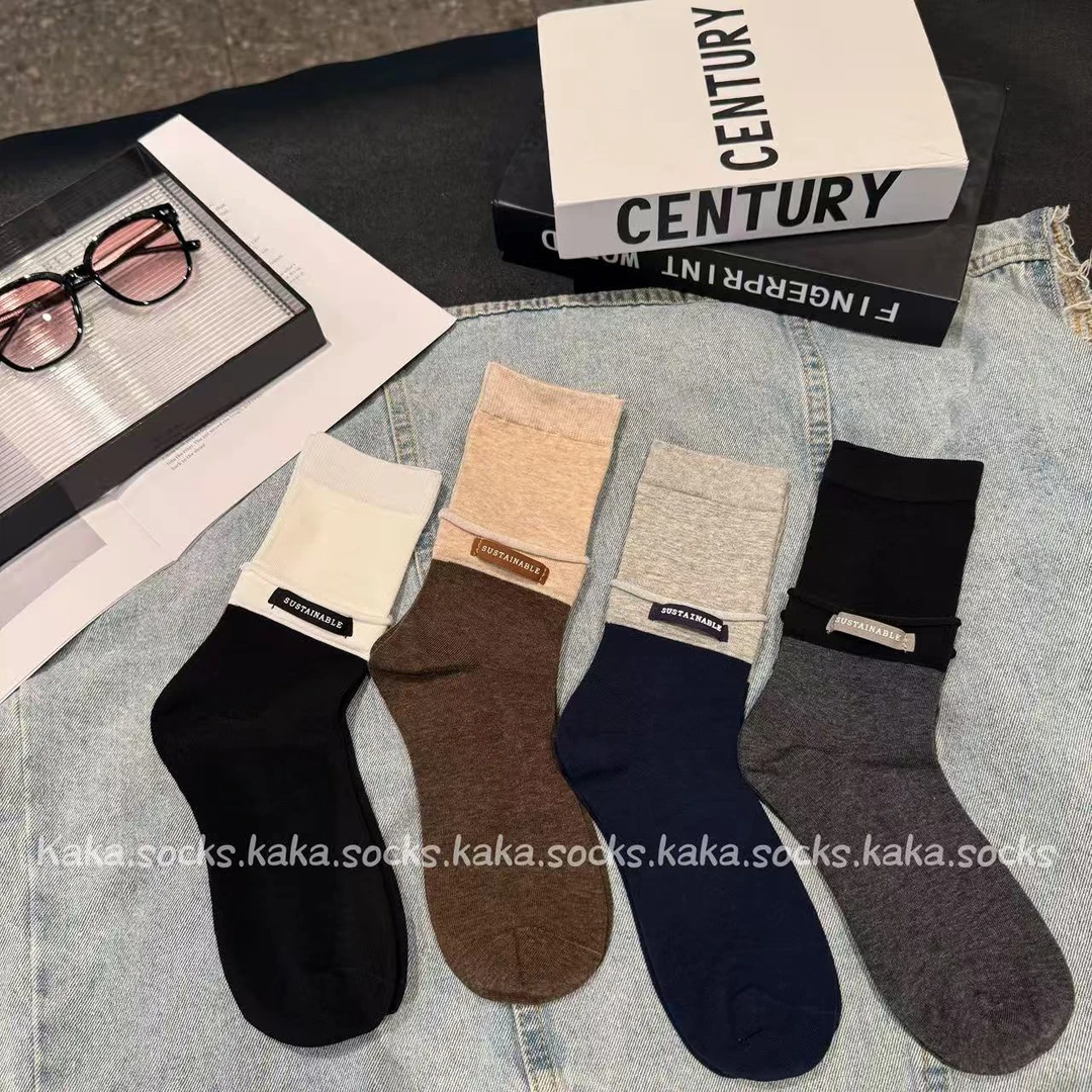 韩版秋冬双螺口层次感立体布标显瘦百搭运动中筒堆堆袜