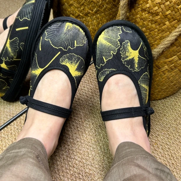 银杏 盘扣春夏复古一字扣单布鞋软底妈妈鞋透气古风千层底汉服鞋