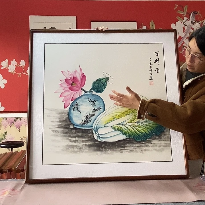 国画手写手绘带框包邮国画作品82✖️82
