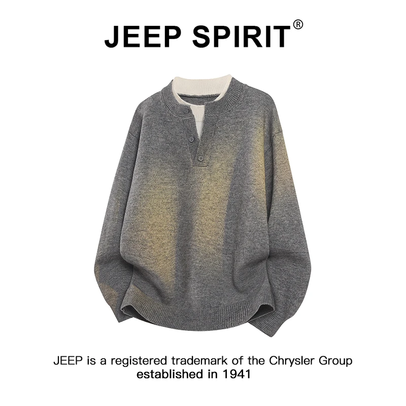 JEEPSPIRIT吉普假两件圆领毛衣男冬季保暖打底衫潮流慵懒风针织衫
