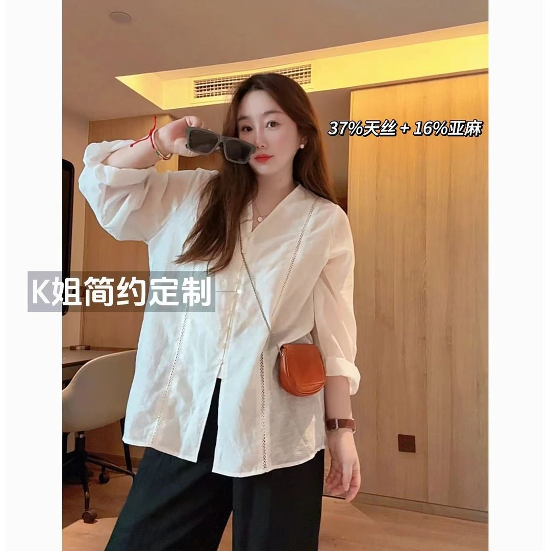 “KK定制”气质长袖宽松亚麻衬衫夏季法式设计感镂空上衣D1973