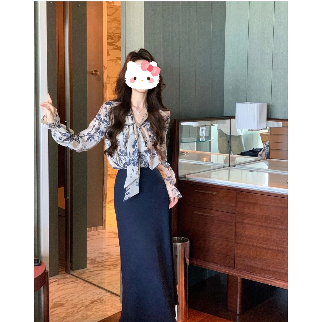 【墨染花影】早秋套装水墨印花轻奢飘带衬衫长袖印花复古藏青半裙