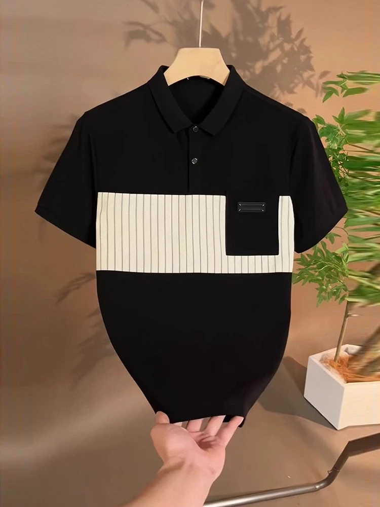 大码300斤撞色翻领男士polo衫短袖条纹百撞色宽男士灰色Polo上衣