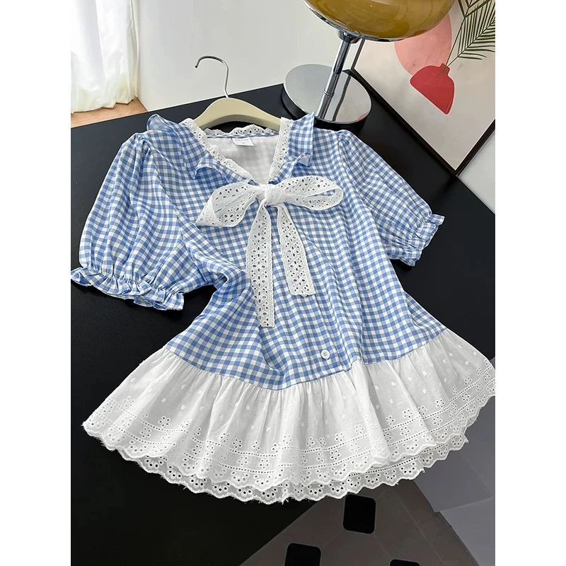 大码300斤夏季新款韩版蕾丝花边拼接格子衬衫女小众独特显瘦百搭