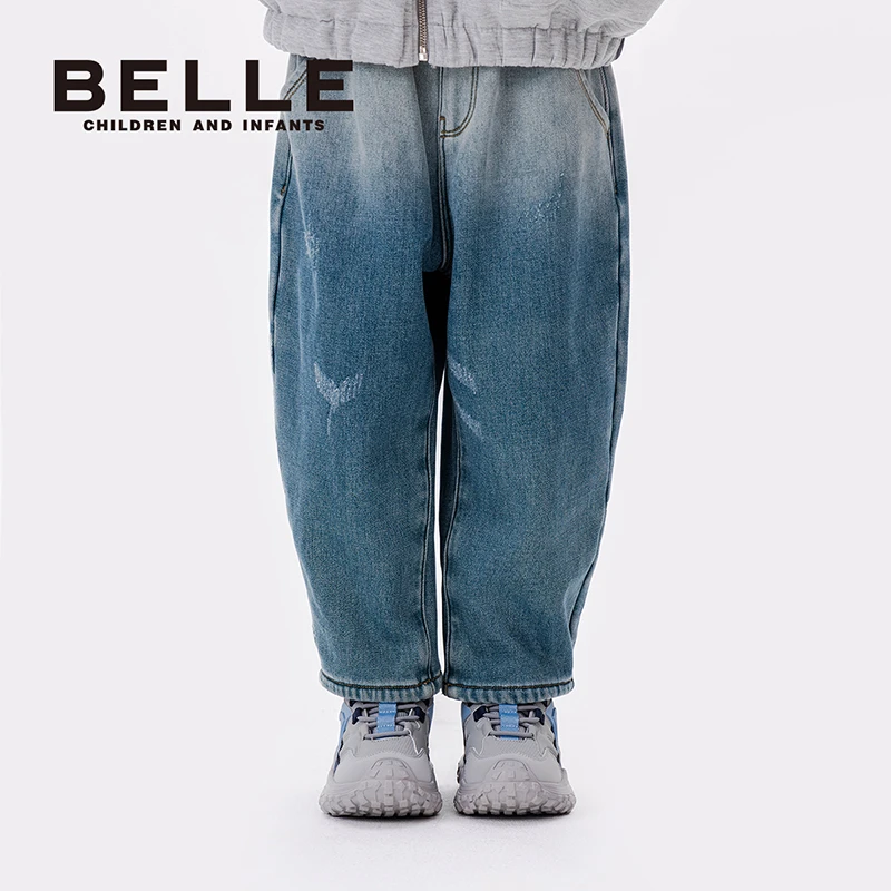 百丽儿童春新款裤子时尚宽松休闲百搭中蓝牛仔长裤运动休闲BB0687