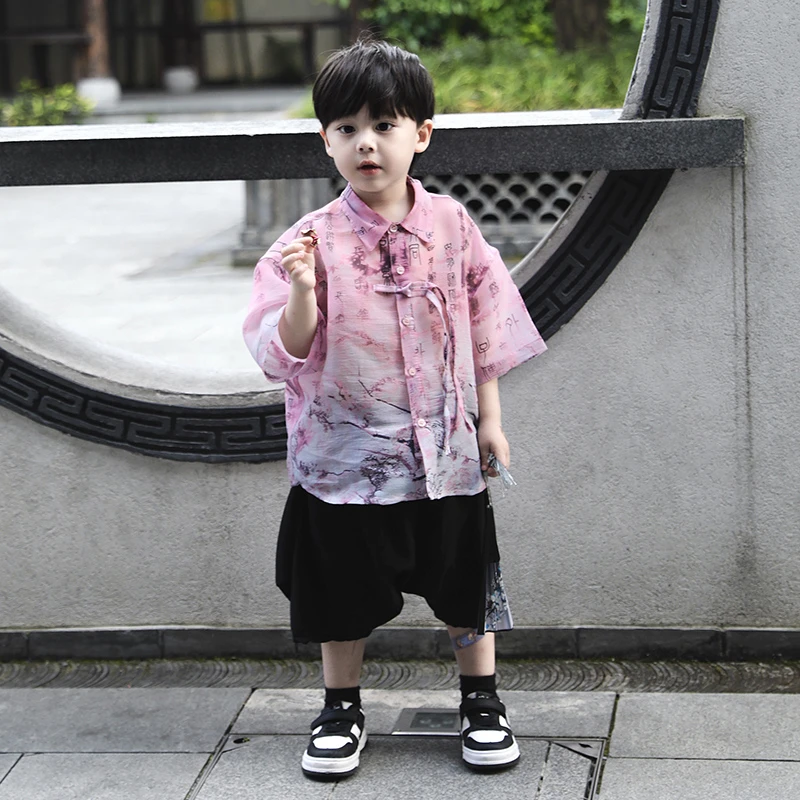 Jimmy妈童装 惊蛰桃夭 夏季新款新中式国风短袖衬衫哈伦短裤套装