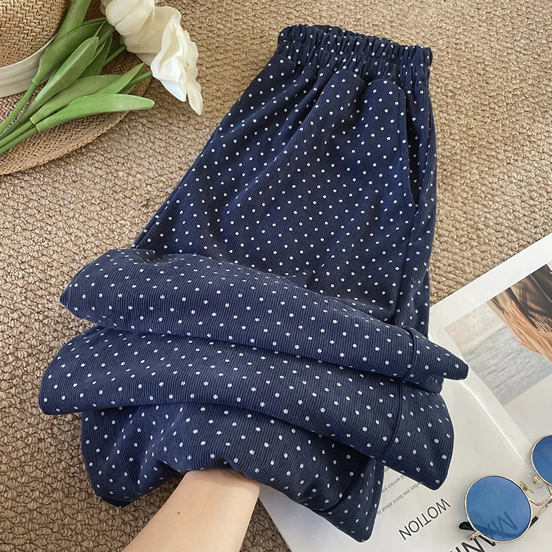 藏青色波点裤子女2025秋冬季时尚新款复古休闲裤长裤阔腿裤灯芯绒