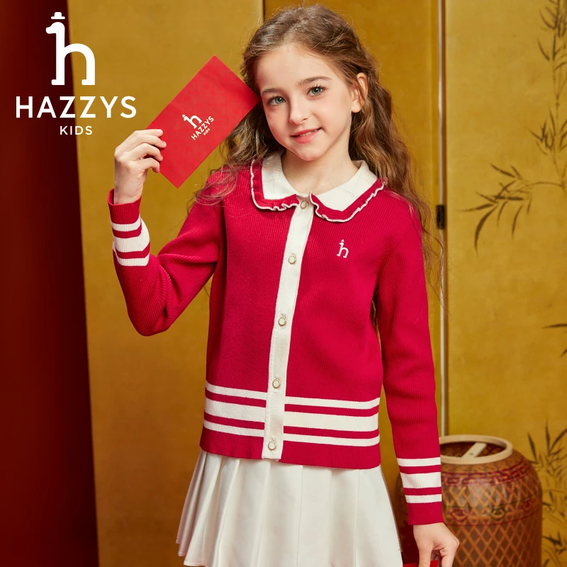 Hazzys/哈吉斯品牌童装女童娃娃领线衣红色年装款女童开衫长袖