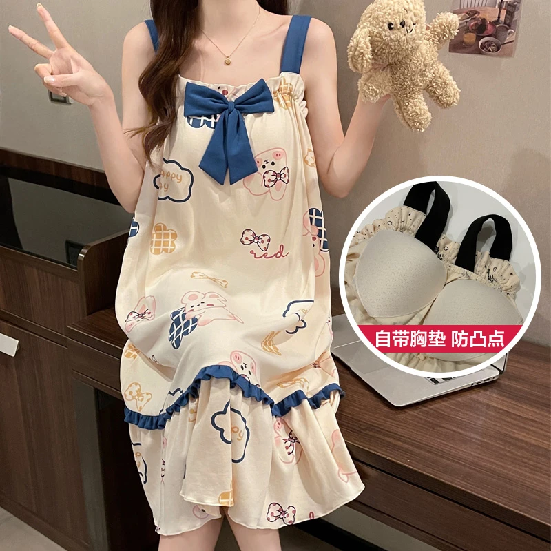 夏季带胸垫睡裙女薄款吊带学生睡衣裙可外穿长款甜美大码家居外穿