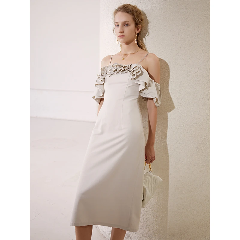 【楠哥专属】缩褶一字抹胸修身连衣裙女 21121
