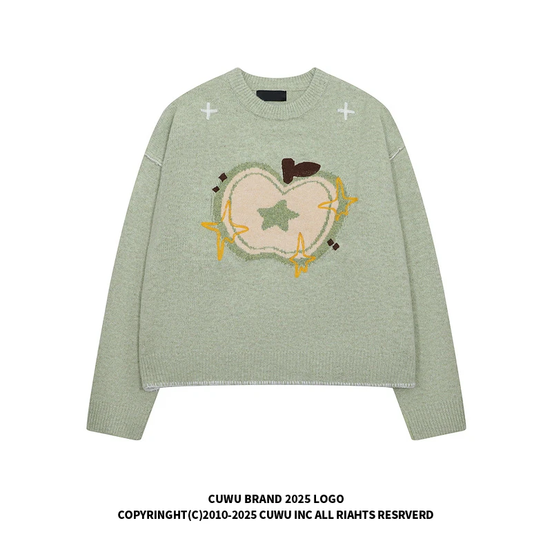 cuwu苹果提花圆领毛衣女男秋冬新款慵懒风宽松保暖套头针织衫上衣