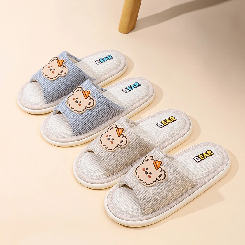快鹿卡通居家亚麻拖鞋室内家居地板吸汗透气棉麻拖鞋男女童春秋款