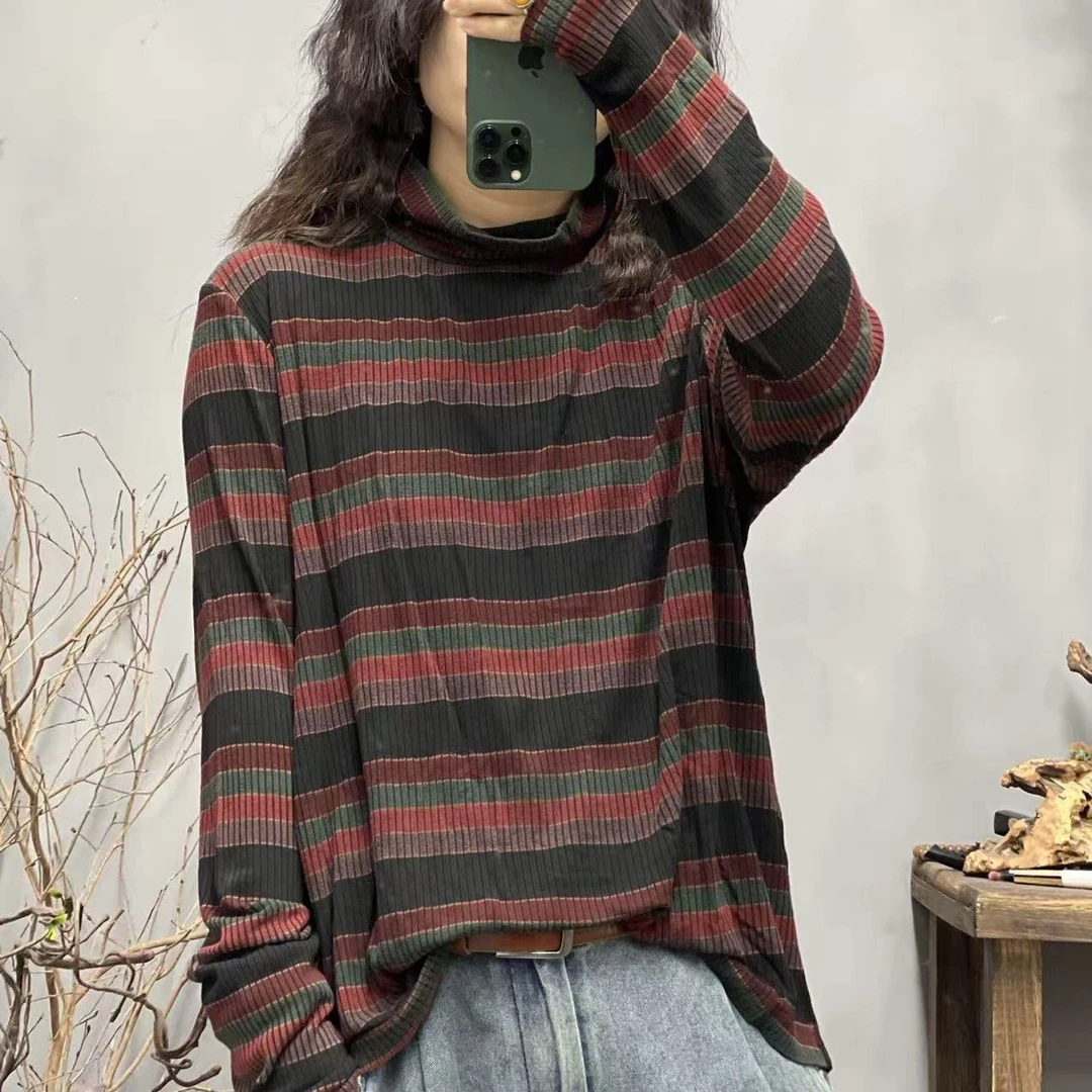 F30 5032-2 秋季新品条纹休闲百搭半高领女打底衫 胸围120长62