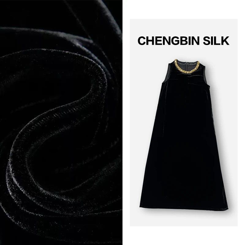 高级A字版型长裙重磅桑蚕丝丝绒手工订钻领子无袖圆领薄款2498