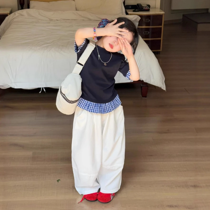 小思家女童T恤衫2025夏季百搭韩版撞色拼接上衣休闲宽松裤子套装