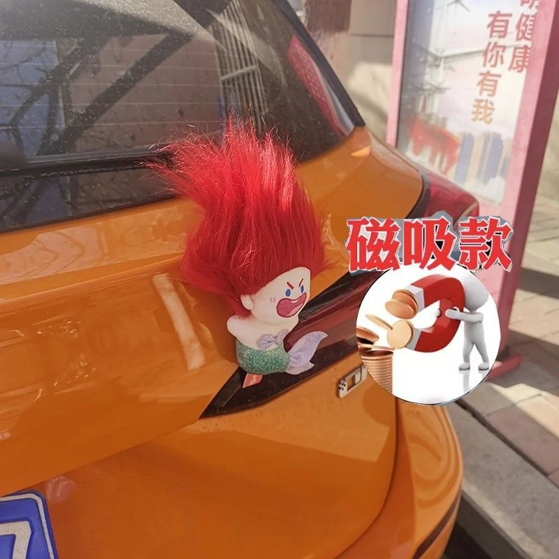 后备箱车尾装饰磁吸车身摆件正版美人鱼爆炸头汽车可爱公仔车外挂