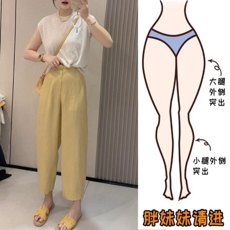 Aimeerosa/艾洛莎2025夏季薄款九分亚麻休闲裤简约显瘦阔腿气球裤