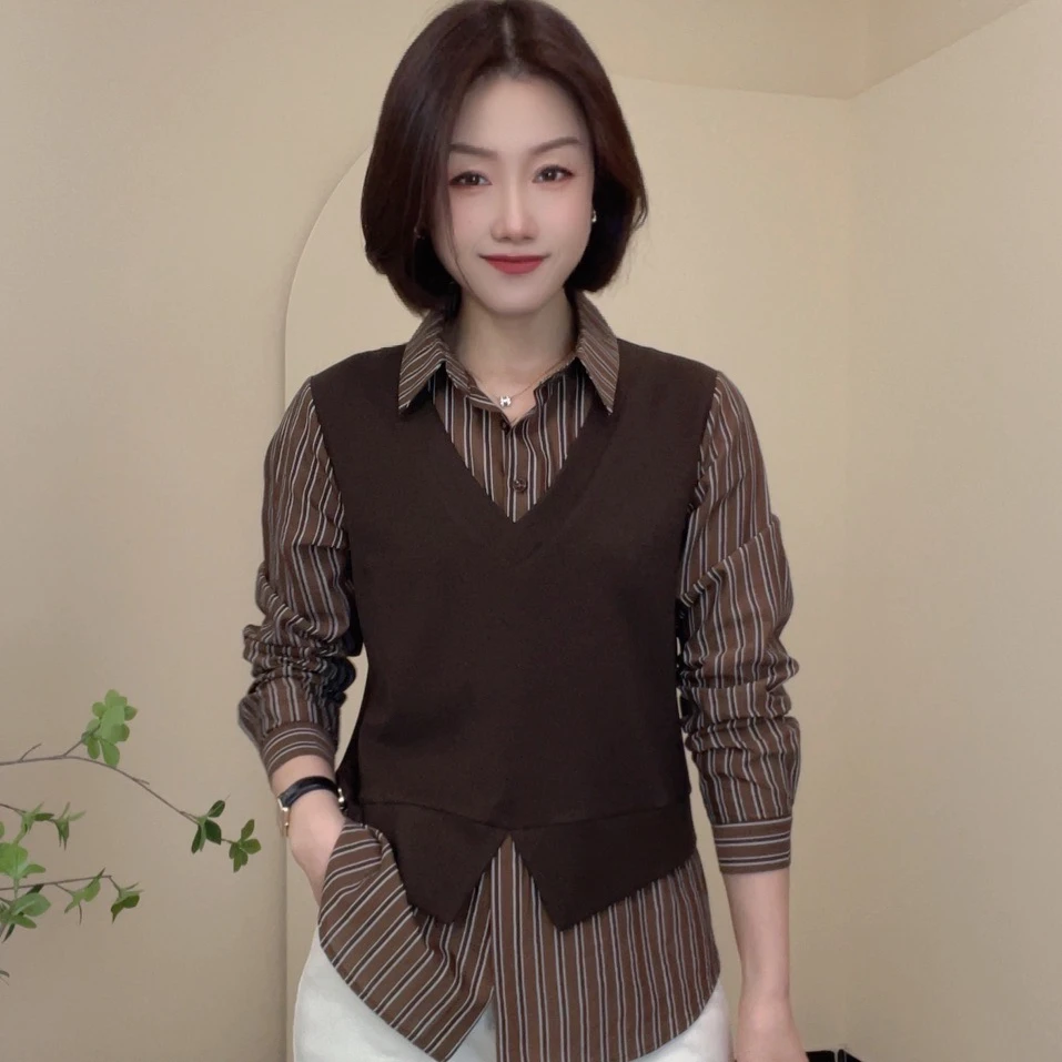 70630春季新款假两件条纹长袖衬衫显瘦休闲气质女士修身小衫百搭