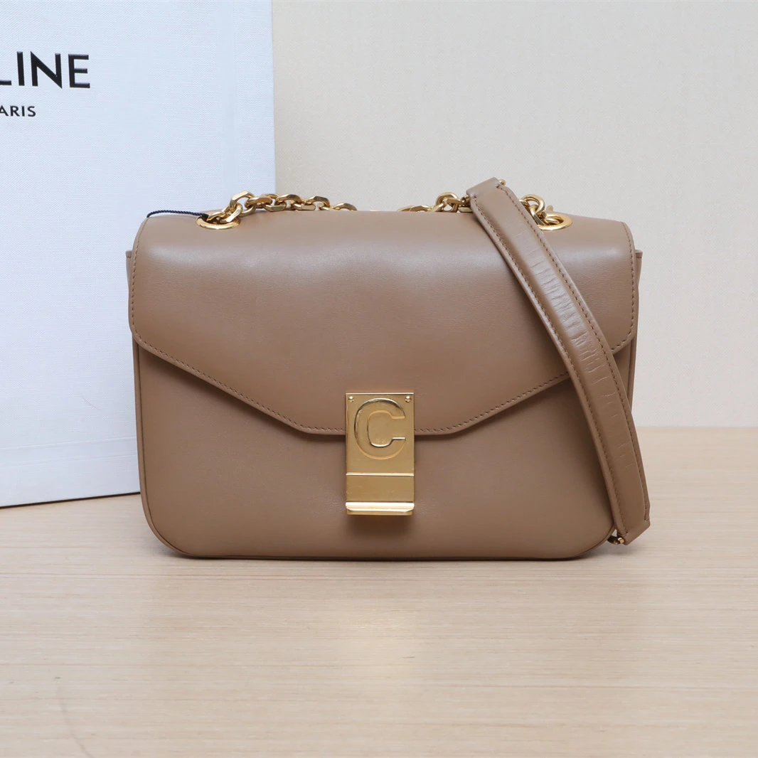 95新 Celine/思琳 【黑黑】 棕色 金扣 C BAG 中号 单肩包