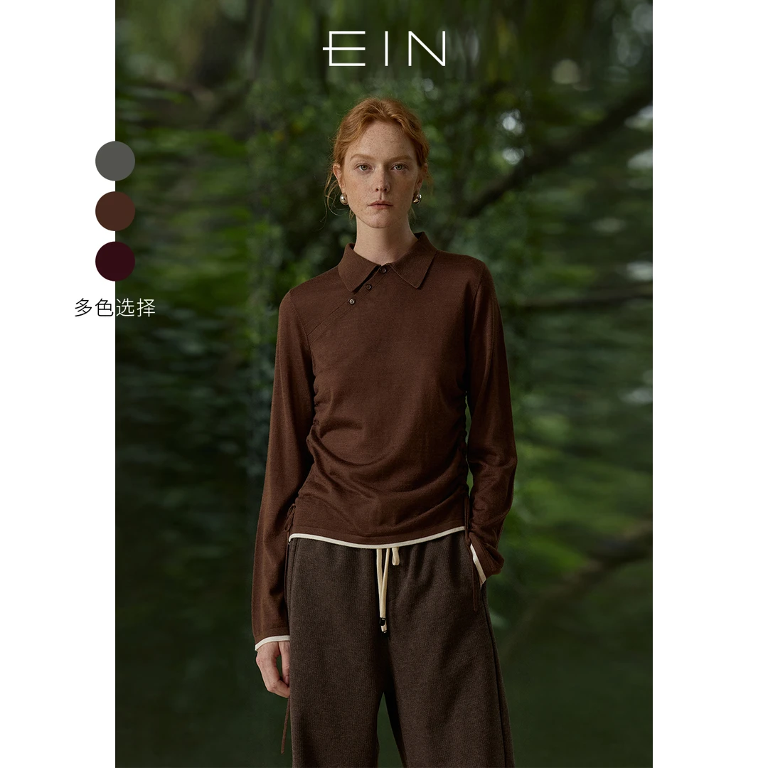EIN/言文艺东方斜襟翻领可调节抽绳收腰设计针织衫上衣2025春款