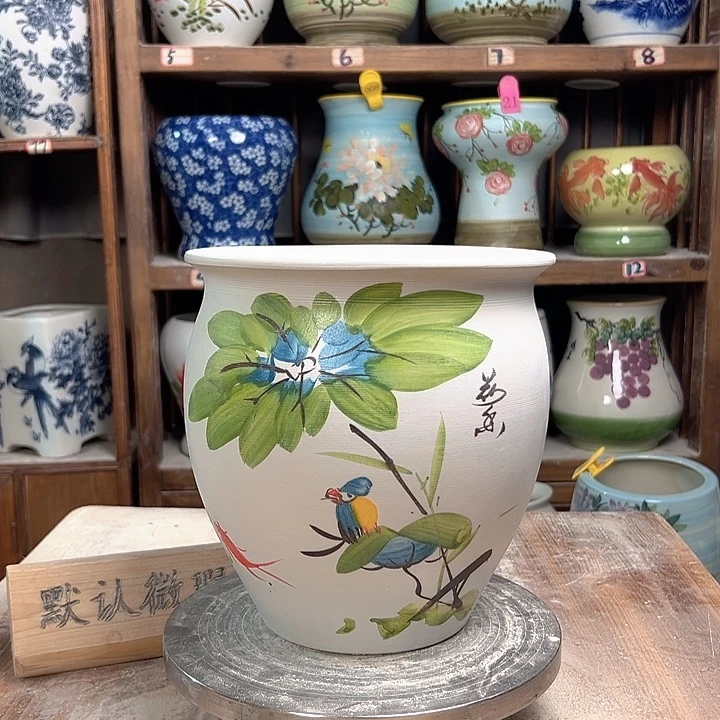 陶圆口荷花鸟新款新款陶瓷陶瓷