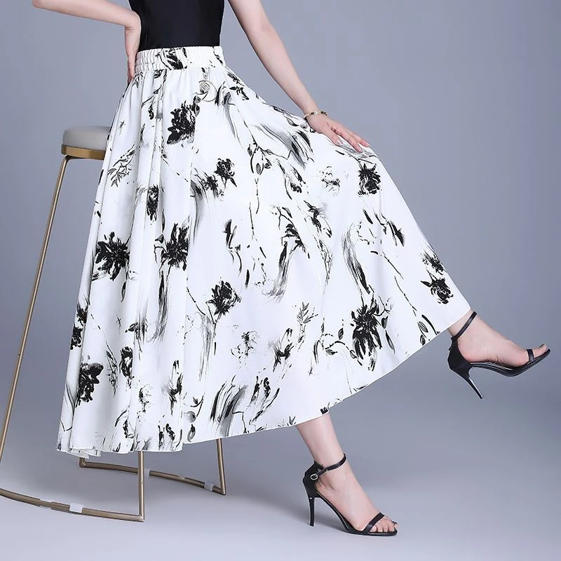2025夏季新款雪纺水墨画印花半身裙女气质遮胯大摆长裙高腰a字裙