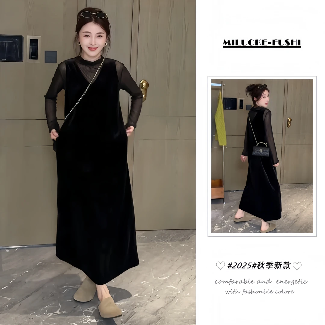 秋季穿搭女一整套2025韩版复古网纱打底上衣丝绒背心连衣裙两件套