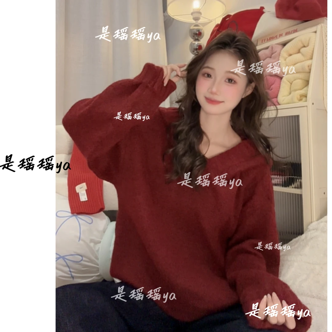 韩系红色毛衣女秋冬新款慵懒风长袖外穿秋冬宽松加厚连帽针织上衣