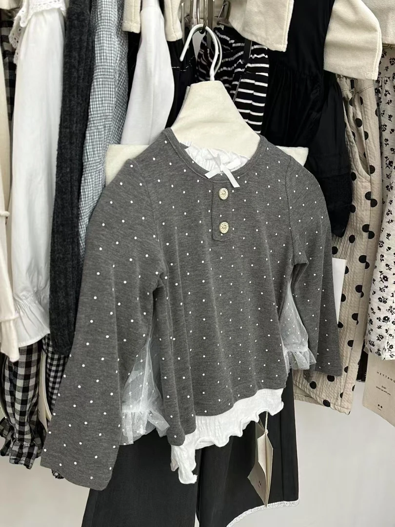 2025春夏新款女童洋气百搭灰色波点拼接打底衫小童