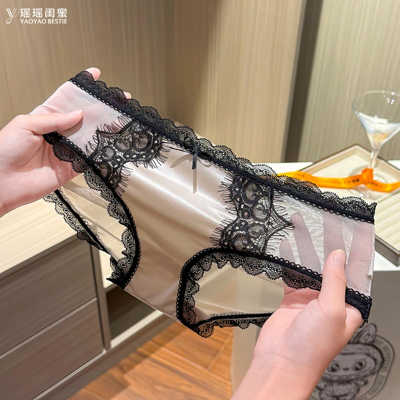 法式轻奢缎面蕾丝低腰三角裤性感纯欲辣妹网纱蝴蝶结棉内衬内裤