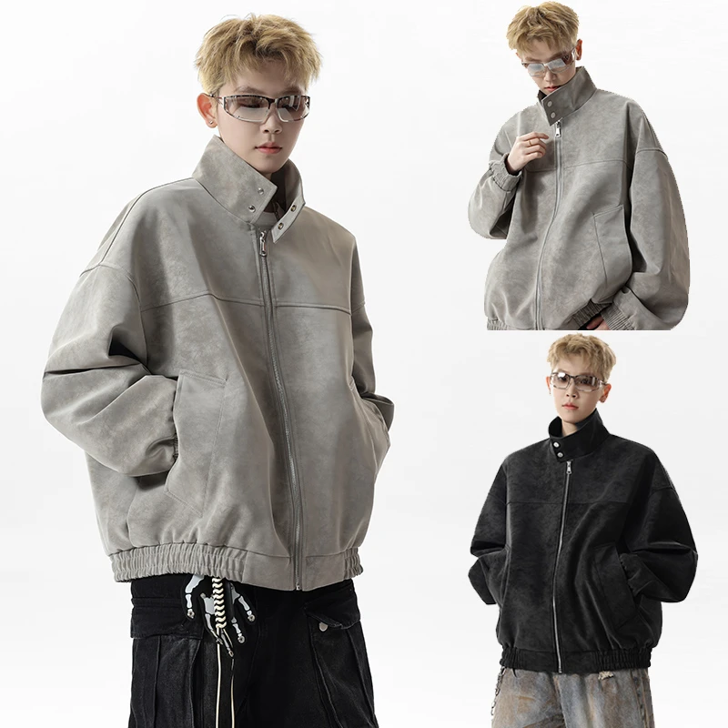 PLQV复古立领皮衣夹克男春秋季ins潮流休闲百搭痞帅情侣扎染外套