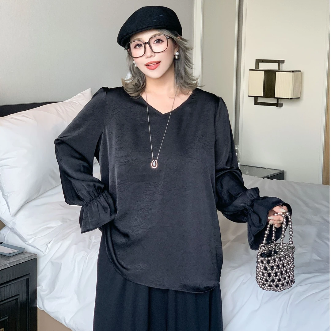 媛子大码荷叶袖衬衫宽松百搭宽松春季新款洋气高级感时髦上衣