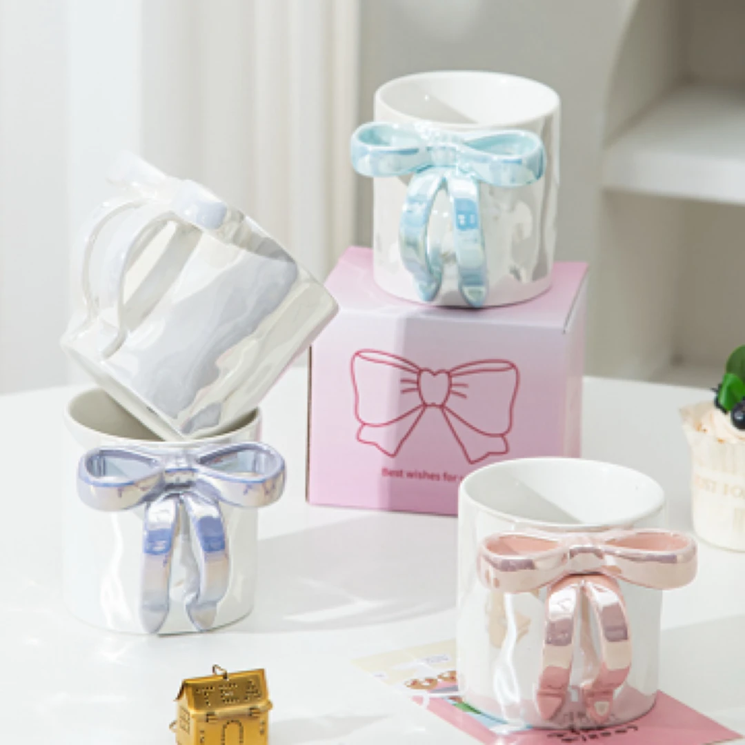 简约创意蝴蝶结手柄陶瓷马克杯珠光釉少女心咖啡杯学生情侣牛奶杯