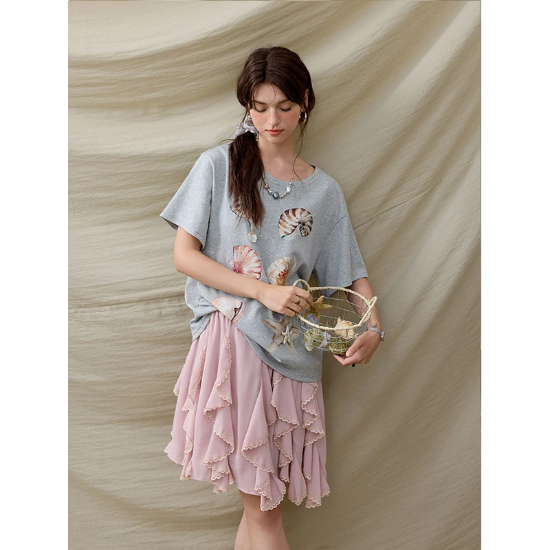 【粉丝专享】谜秀立体贝壳海星印花T恤落肩袖短袖上衣MXE33T0541