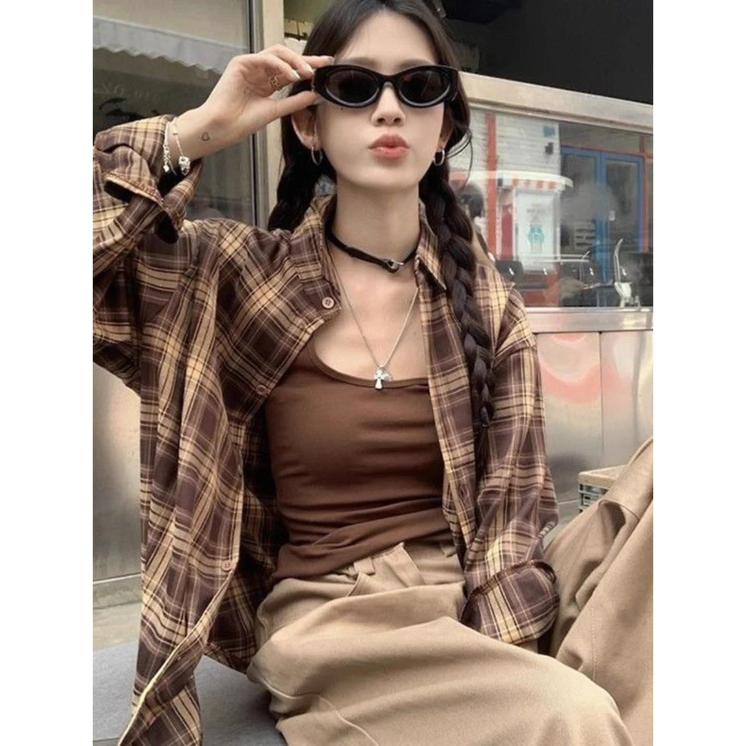 VaVa家：大码女装「复古浪潮」秋季美式复古宽松慵懒风格子衬衫外套