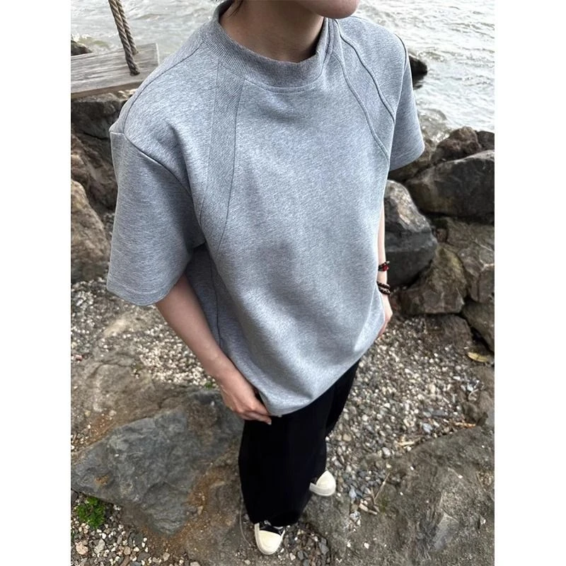 空气棉半高领短袖男款夏季小众解构t恤美式boxy帅气个性正肩半袖