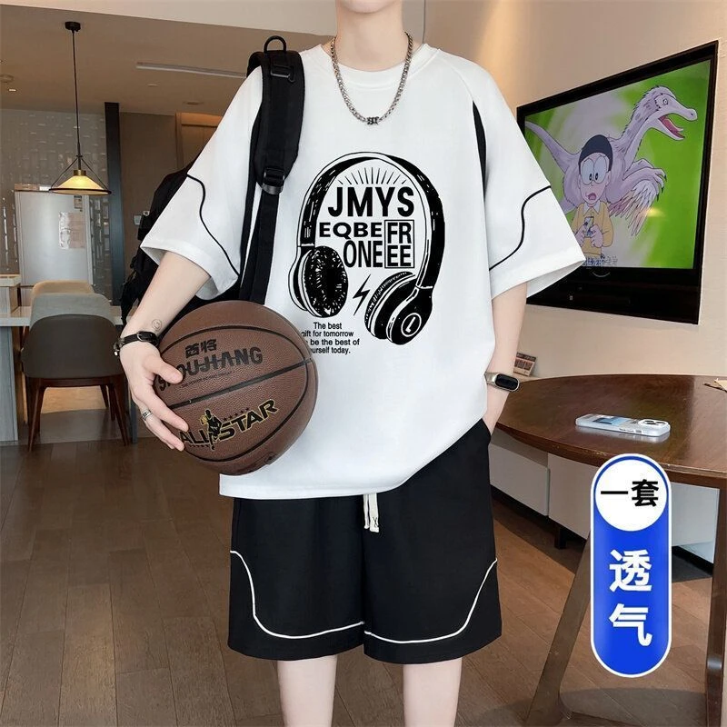 男士青少年夏季初高中学生帅气休闲宽松运动套装短袖圆领短裤潮流