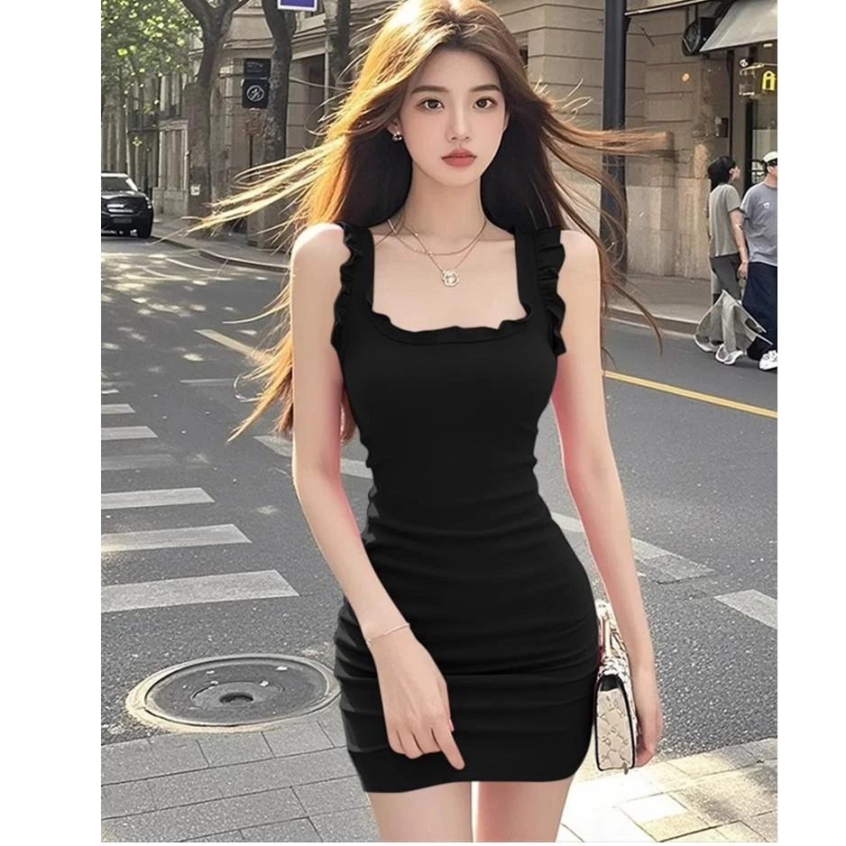 气质法式方领木耳边无袖连衣裙短款夏季甜辣风收腰显瘦包臀背心裙