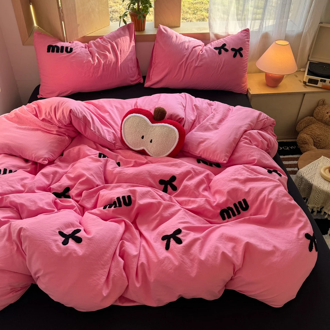 甜酷少女玫粉床品四件套毛巾绣蝴蝶结被套水洗棉学生宿舍三件套