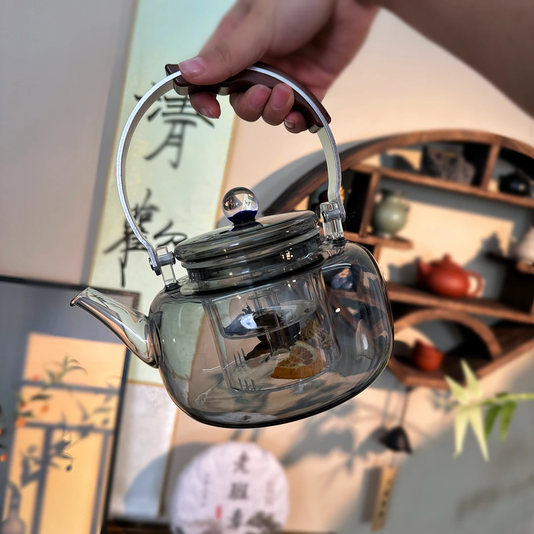 圆满提梁壶 玉九禾高硼硅耐热玻璃蒸煮一体四代提梁壶冷水壶