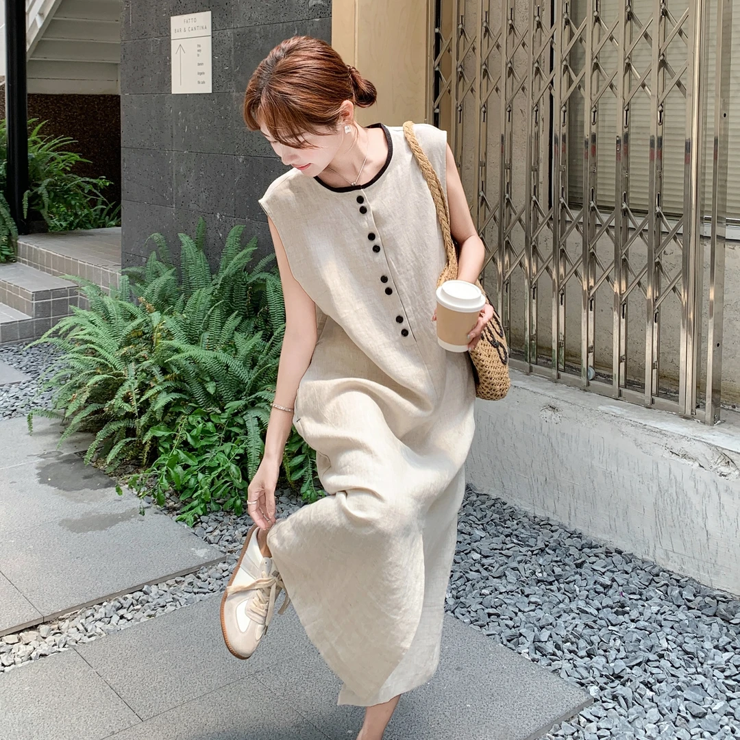 米色温柔超好看薄款无袖背心长裙新款气质显瘦开叉亚麻连衣裙女夏